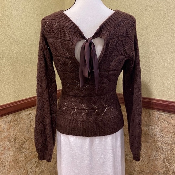 Abercrombie Fitch Small Sweater Open Knit Back Tie Keyhole Womens Brown - Picture 3 of 8